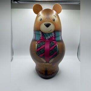 Teddy Bear Tin/Box, Holding a Present, Gold Interior, Felt Ears